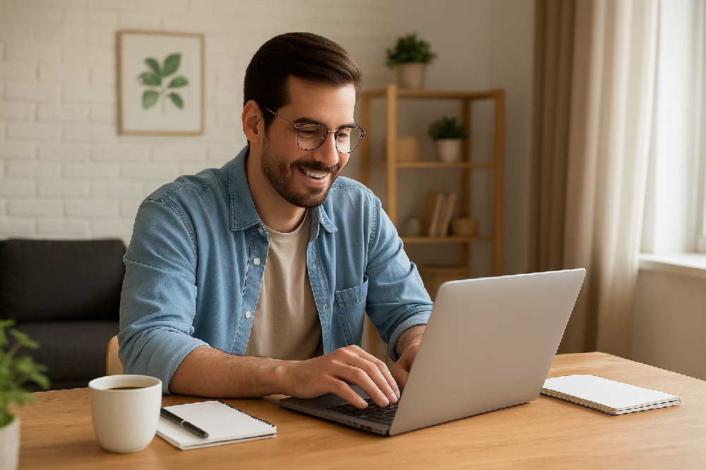 A young man working on a laptop in a bright home office representing freelancing and remote work opportunities to make money online.