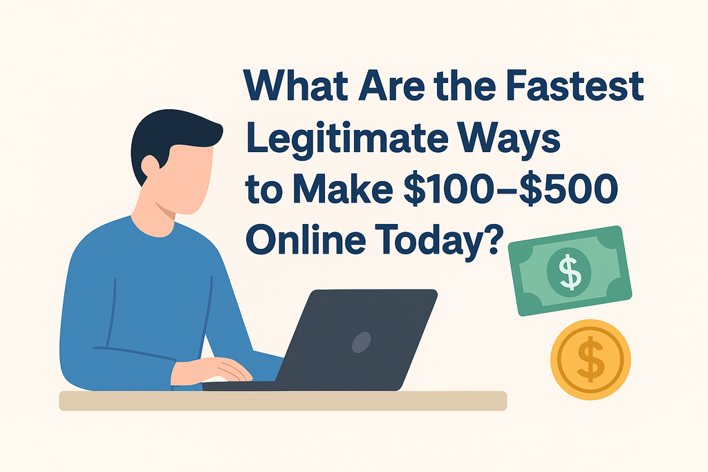 “Freelancer working on a laptop symbolizing what are the fastest legitimate ways to make $100–$500 online today through online gigs.”